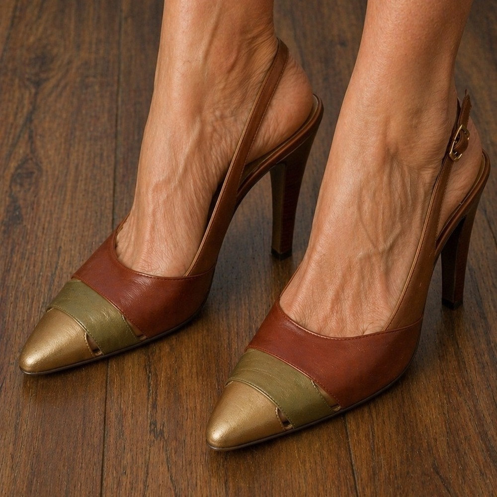 Ellen Tracy Vintage Italian Leather Tri-Color Slingback Almond Toe Pumps‎ 6.5M
